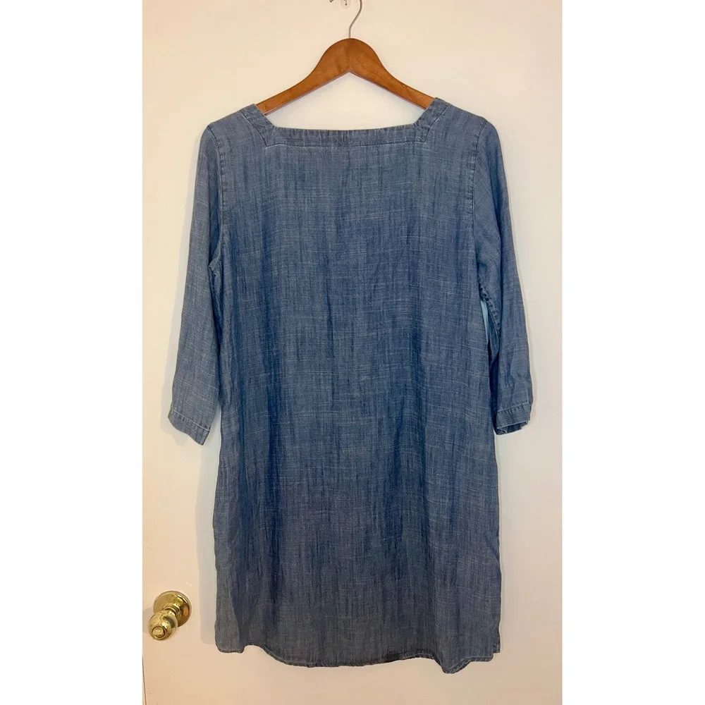 Eileen Fisher Blue Tencel Linen Chambray Square Neck Henley Shift Dress S - Picture 3 of 10